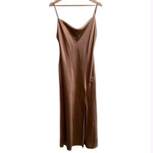 Paper Heart Gold Slip Dress Small Taupe Satin Cowl Neck Maxi formal elegant